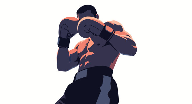 Dramatic low angle silhouette of a boxer guarding his face