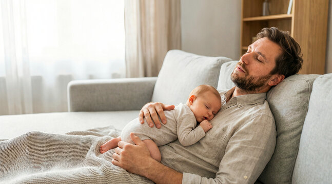 Tired father sleeping on the sofa with his newborn baby resting on his chest. Cozy domestic family nap time
