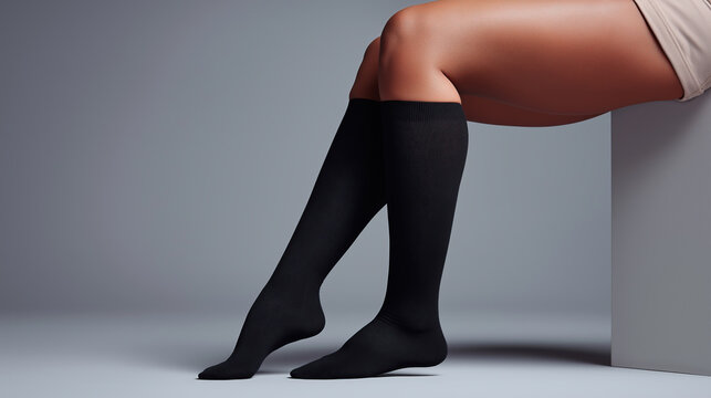 Crossed legs wearing black medical compression stockings on a woman with lipedema and lymphedema, promoting lymphatic health and relief from swelling against a grey backdrop.