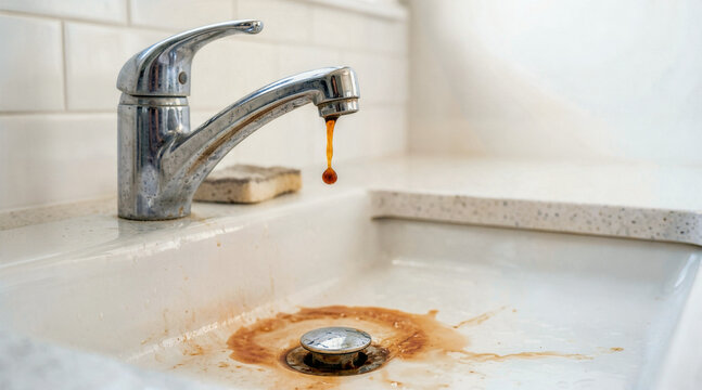 Rusty water dripping from a chrome faucet into a white sink. Dirty brown rust stain around the drain. Plumbing problem and water contamination concept