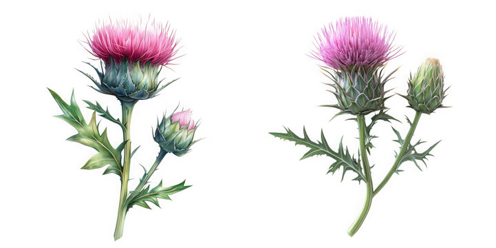 Scottish thistle flower, purple spiky bloom, wild botanical plant, nature isolated on transparent background