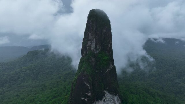 Pico C&atilde;o Grande, volcanic plug peak on S&atilde;o Tom&eacute; and Pr&iacute;ncipe, drone perspective