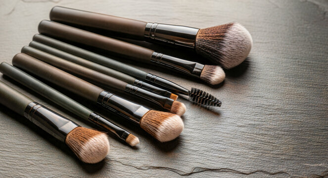 Set of professional makeup brushes on a dark slate background. Various cosmetic tools for face and eyes. Beauty equipment flat lay