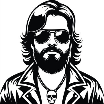Black and white drawing depicts a bearded man wearing sunglasses and a skull necklace