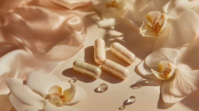 Elegant probiotic capsules and softgels on satin with orchids, evoking luxury, purity, and wellness in a refined, modern setting