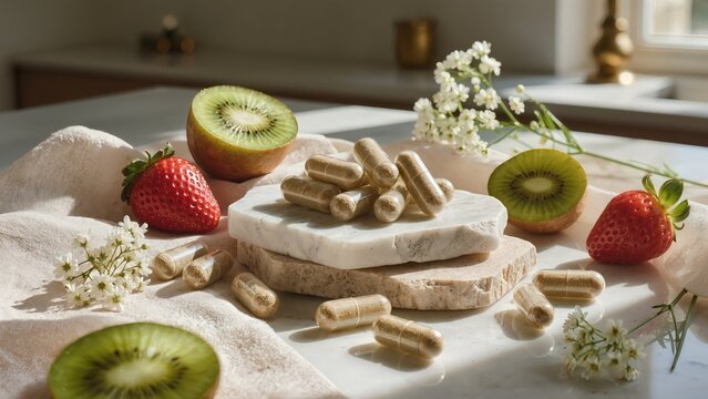 Elegant arrangement of probiotic capsules with fresh kiwi and strawberries on marble, evoking natural wellness and modern healthy living