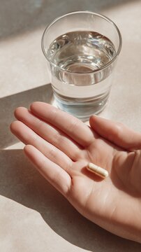 Minimalist image of a probiotic capsule in hand with a glass of water, highlighting wellness, purity, and daily health routines