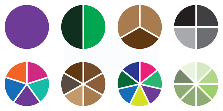 Pie charts diagram set. Circle pie charts 1,2,3,4,5,6,7,8,9,10,11,12 sections. Wheel round segment infographic part. Circle section graph. Pie charts diagrams