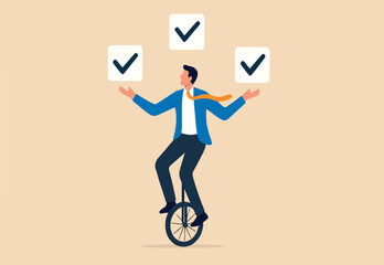 Todo list professional, business or work accomplishment, project management to track completed tasks or checklist to check for completion concept, businessman juggling checkbox on unicycle © Hanufa