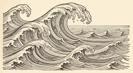 Fototapeta premium Vintage Ink Illustration of Raging Ocean Waves