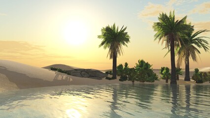 Fototapeta premium Beautiful beach with palm trees at sunset, panorama of a tropical landscape, sea sunset, 3d rendering