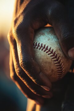 Close-up of hand holding baseball in dramatic golden hour lighting