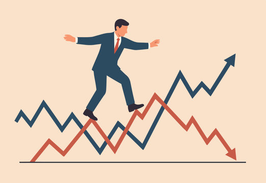 Risk and uncertainty, investment volatility or stock market and crypto currency fluctuation up and down, all weather strategy concept, businessman acrobat planning to walk on risky investment graph