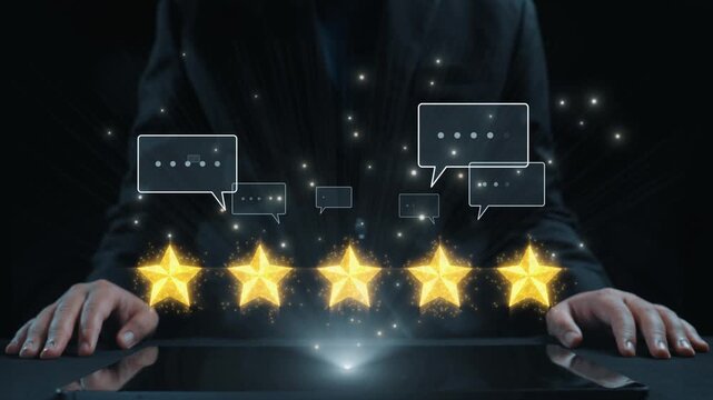 A businessperson evaluates customer feedback represented by five golden stars and speech bubbles on a dark background, showcasing the importance of ratings and reviews. Qubit