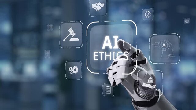 A robotic hand engages with a digital interface showcasing various icons related to AI ethics, symbolizing the intersection of technology and moral principles. Synapse