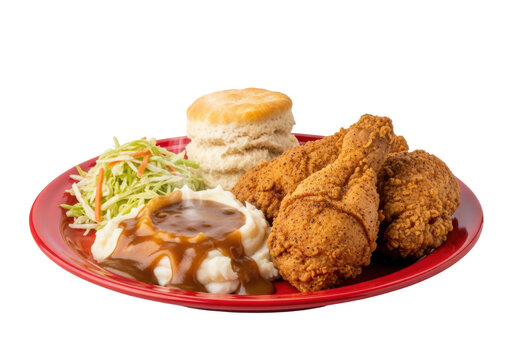 Crispy fried chicken, gravy-smothered mashed potatoes, and a flaky biscuit on a glossy red plate isolated against a high-key transparent background, showcasing appetizing food textures