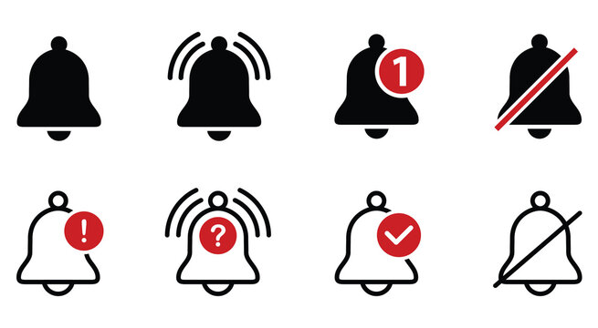 Notification bell icon set, alert icon for incoming inbox message, ringing bell and notification number sign for alert and alarm. vector