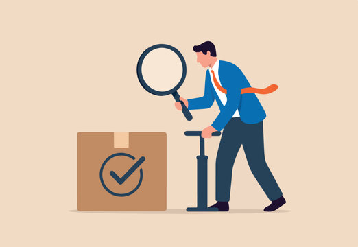 QA quality assurance or quality control to approve or guarantee customer trust and confidence, policy commitment, customer satisfaction concept, businessman with magnifier to assure product quality.