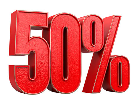 Untitled design - Bold Red 3D Fifty Percent Symbol with Metallic Texture, Front View Discount Sign, Isolated on Transparent Background PNG