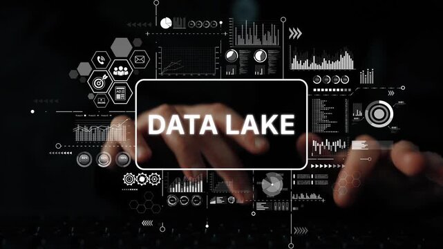 Hands Typing on Keyboard with Data Lake Concept Background Featuring Graphs and Analytics Icons for Digital Transformation. Asymptotic smart data analytic.