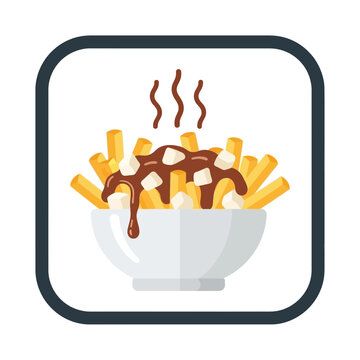 Delicious poutine icon hot golden french fries, savory brown gravy, and creamy cheese curds in a white bowl
