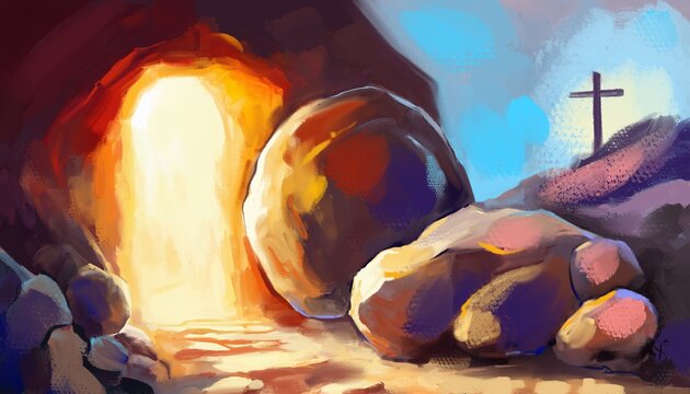 Easter Jesus Christ rose from the dead. Sunday morning. Dawn. The empty tomb in the background of the crucifixion. Happy easter. Christian symbol of faith, art illustration painted oil style.
