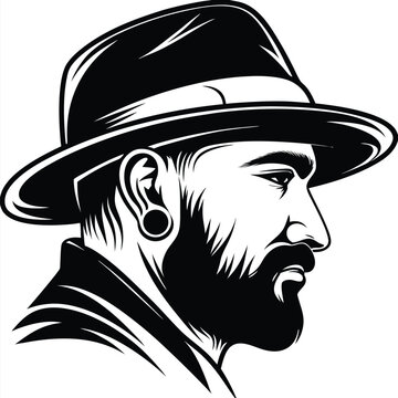 Handsome bearded man wearing a fedora style hat looks stoically to the right side