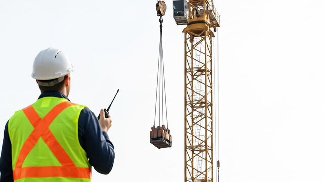 Male construction safety coordinator using radio to signal crane operator on site