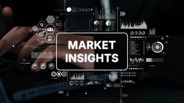 Hands typing on a laptop with digital graphs and data analysis icons for market insights and business intelligence. Asymptotic smart data analytic.