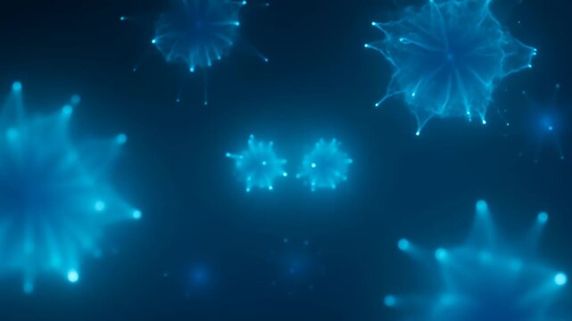 Microscopic blue virus cells floating in dark space, glowing bacteria pathogens under microscope, medical science animation of infectious disease 4k
