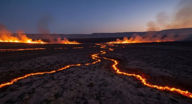 Long exposure shot of a fiery landscape with fire illuminating a dry, cracked earth path