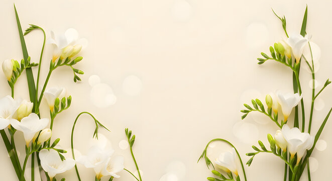 Beautiful white freesia blossoms and green buds framing a central space with soft bokeh lights.