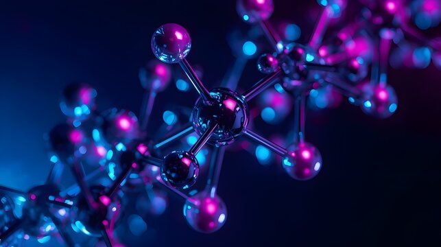 Abstract molecular structure illuminated by glowing blue and pink neon lights on a dark background, symbolizing innovation in science or technology through interconnected spheres.