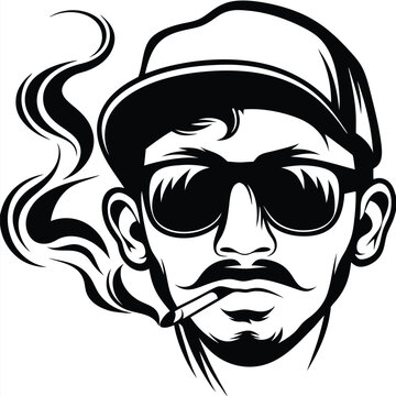 Monochromatic man wearing shades and a cap smokes a cigarette with stylish smoke