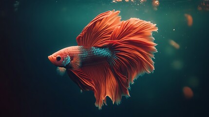 Fototapeta premium The Majestic Orange Betta Fish Swimming in the Dark Water with Its Beautiful Fins