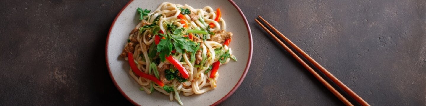 Beef noodles stirfried with colorful vegetables and cilantro served in a bowl with chopsticks on dark surface