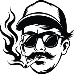 Fototapeta premium Monochrome man wearing a cap and glasses smoking a cigar produces smoke