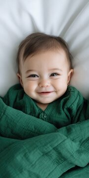 Smiling asian female baby wrapped in green muslin swaddle on white blanket newborn child portrait closeup happy expression