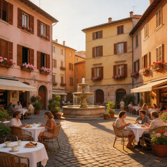 Obraz premium Cozy outdoor cafe with people enjoying coffee and pastries around a central stone fountain in a charming, sunlit European square adorned with flowers.
