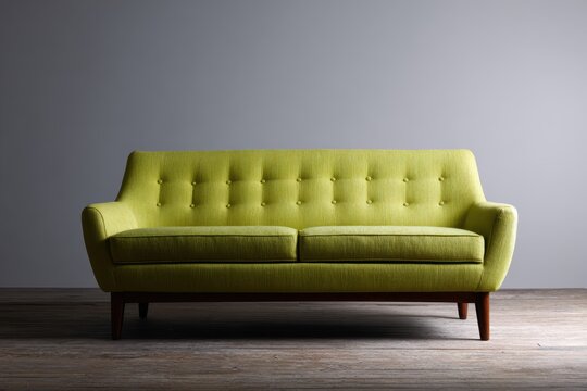 Isolated mid century modern sofa in chartreuse green comfortable living room furniture