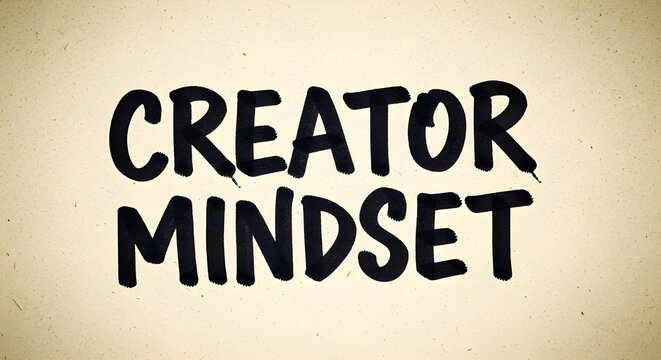 Inspiring phrase "Creator Mindset" boldly hand-lettered in a dark, brush stroke style on a light, textured background, symbolizing innovation and artistic thought.