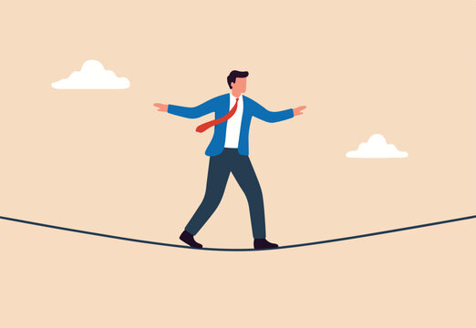 Business or investment risk protection, challenge, danger and difficulty to overcome to success in work and career concept, confident brave businessman ropewalker equilibrium walk on high tight rope