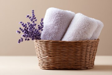 wicker basket with rolled towels and lavender flowers spa decoration concept