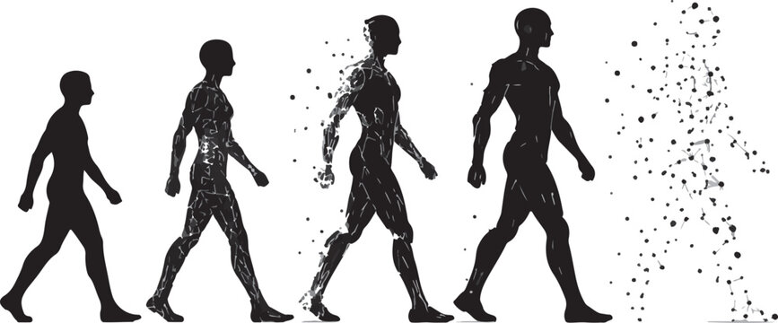 Human Evolution Transforming into Artificial Intelligence and Data Network Concept Silhouette Sequence Isolated on White Background