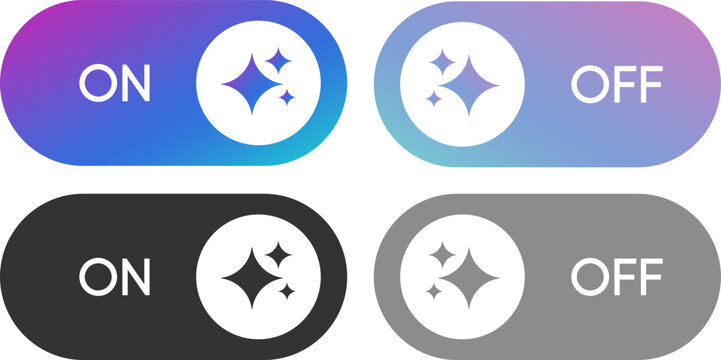 AI Toggle Switch On Off Buttons with Sparkle Icons, Modern Gradient Artificial Intelligence UI Elements for Web and App Design. Generative AI Mode Toggle Switches, Active and Inactive Smart Interface 