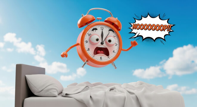 Morning Dread: Cartoon Alarm Clock Screaming 'NOOOO' in Panic Over Bed