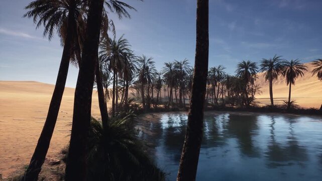desert oasis palm lagoon at sunrise, tranquil blue water reflecting palm silhouettes, golden dunes stretching to horizon, lush vegetation framing foreground,