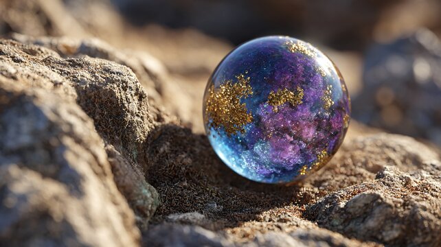 Eine farbige Glaskugel auf einem Felsen.