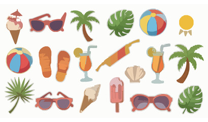 Fototapeta premium Cute summer stickers vector set for daily planner scrapbooking tropical beach vacation elements