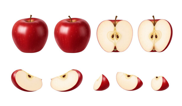 Realistic 3D red apple fruits vector set with whole, slice, and piece isolated on white for food illustration
